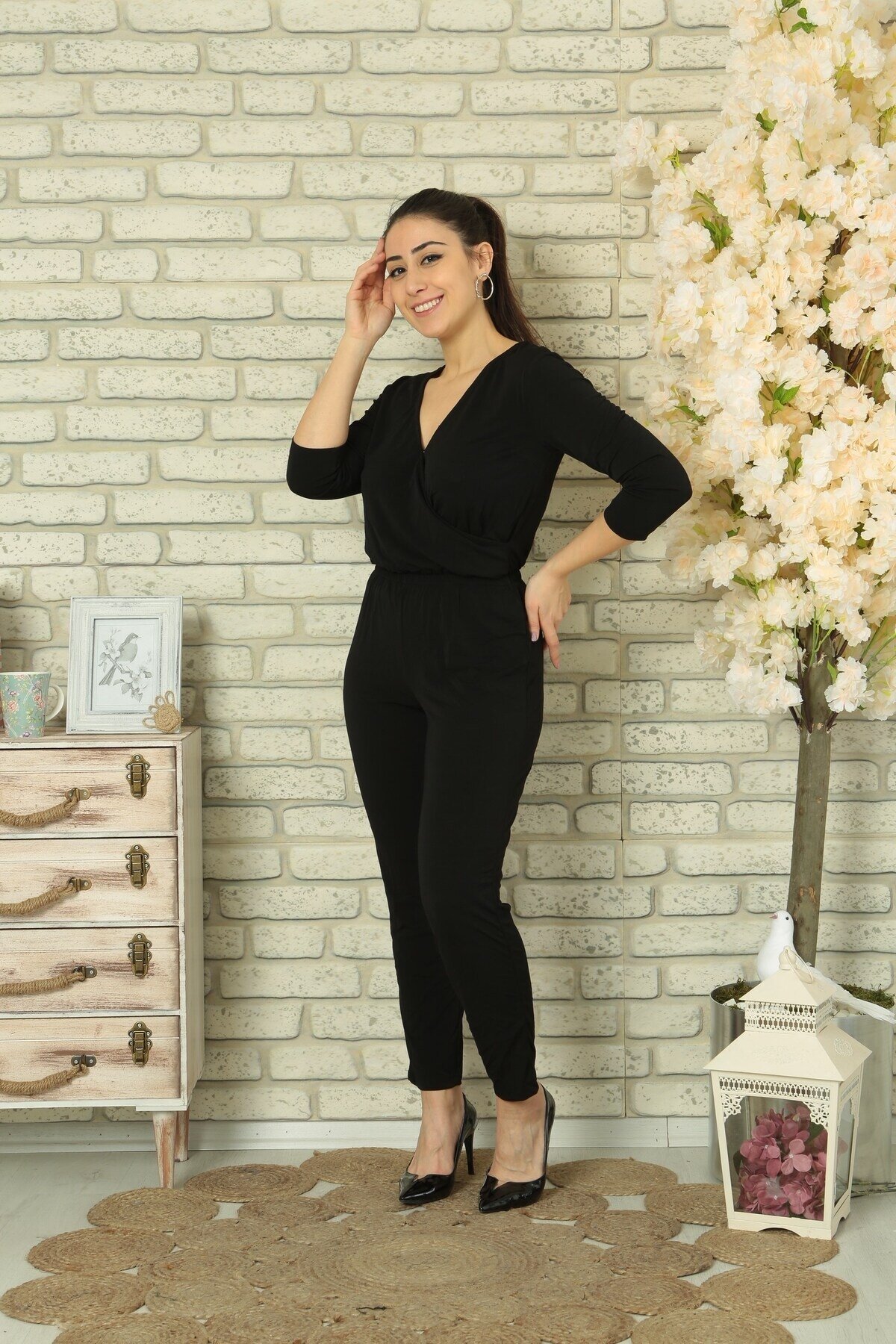 Siyah Kruvaze Şık Spor Tulum