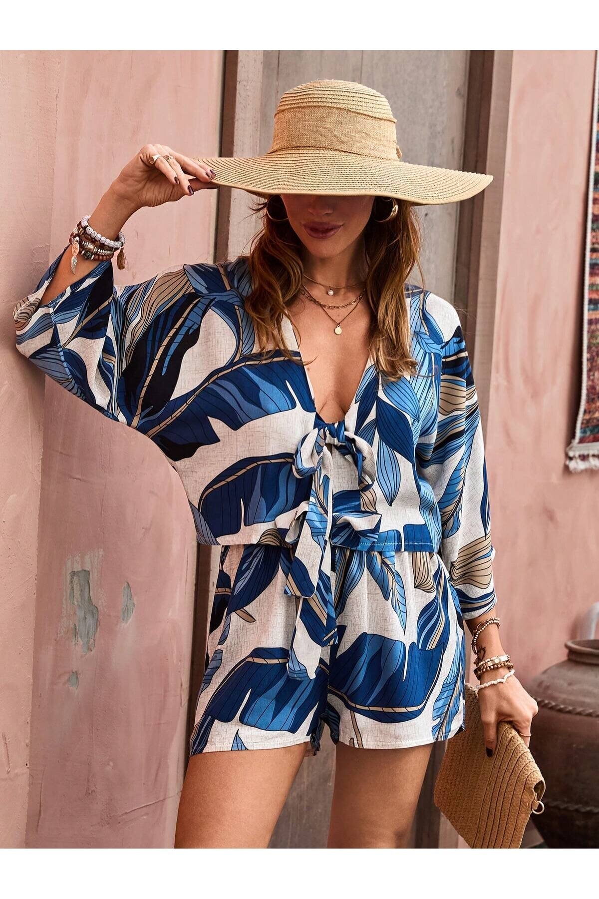 Kadın %100 Pamuk Şortlu Ceketli Desenli Yazlık Spor Şık Rahat Kalıp Kimonolu Şort Alt Üst Takım