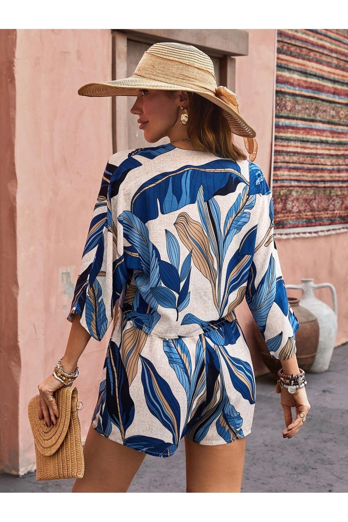 Kadın %100 Pamuk Şortlu Ceketli Desenli Yazlık Spor Şık Rahat Kalıp Kimonolu Şort Alt Üst Takım