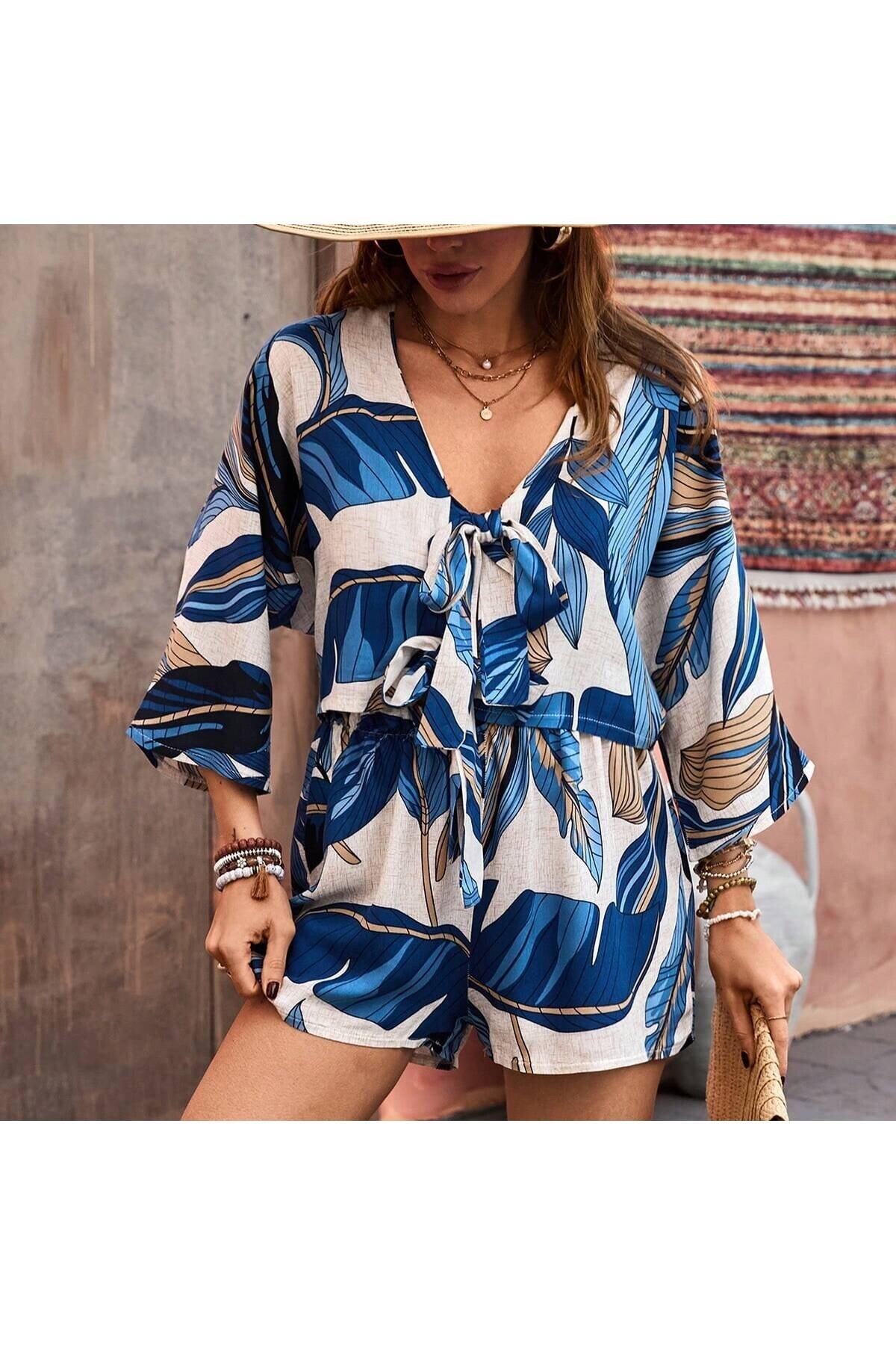 Kadın %100 Pamuk Şortlu Ceketli Desenli Yazlık Spor Şık Rahat Kalıp Kimonolu Şort Alt Üst Takım
