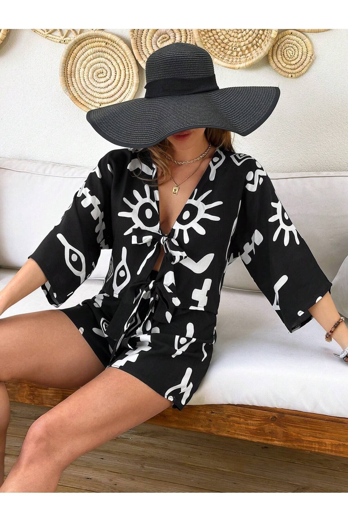 Kadın %100 Pamuk Şortlu Ceketli Desenli Yazlık Spor Şık Rahat Kalıp Kimonolu Şort Alt Üst Takım