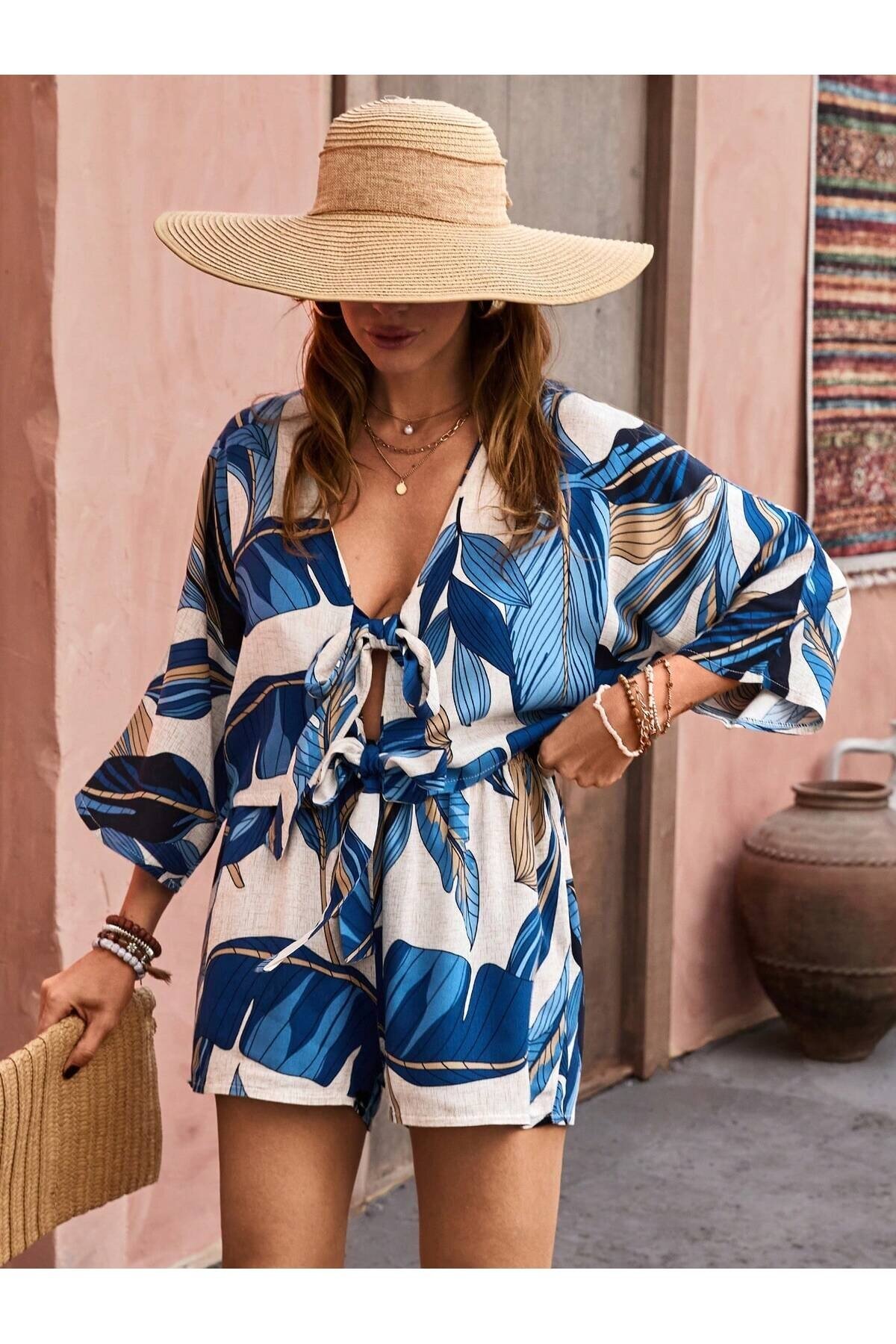 Kadın %100 Pamuk Şortlu Ceketli Desenli Yazlık Spor Şık Rahat Kalıp Kimonolu Şort Alt Üst Takım