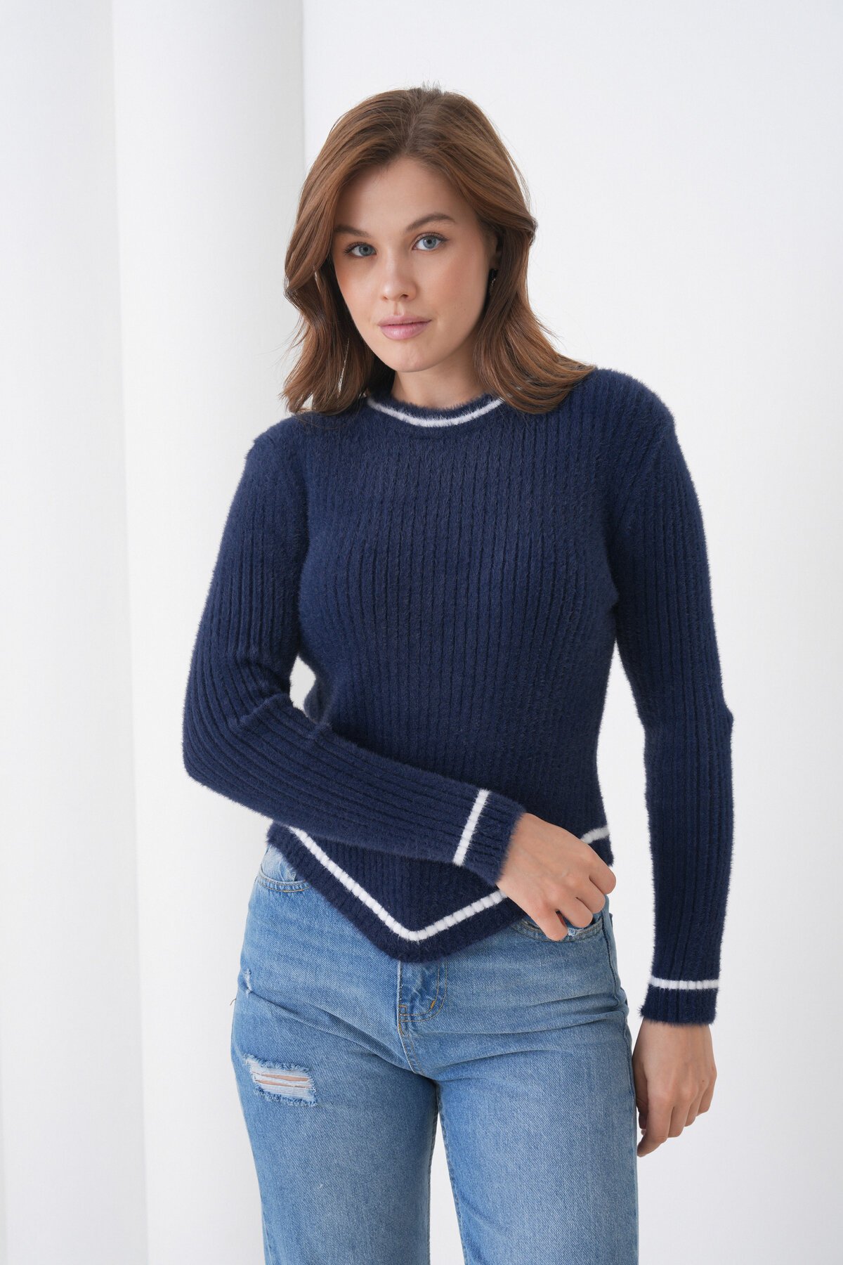 Kadın Asimetrik V Kesim Şerit Kenar Sakallı Uzun Kollu Bisiklet Yaka Spor Şık Kışlık Triko Kazak