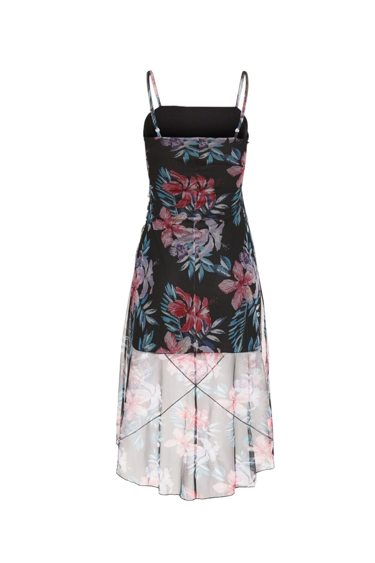 Kadın Askılı Asimetrik Etek Çiçek Desenli Belden Büzgülü Yazlık Şık Tasarım Elbise