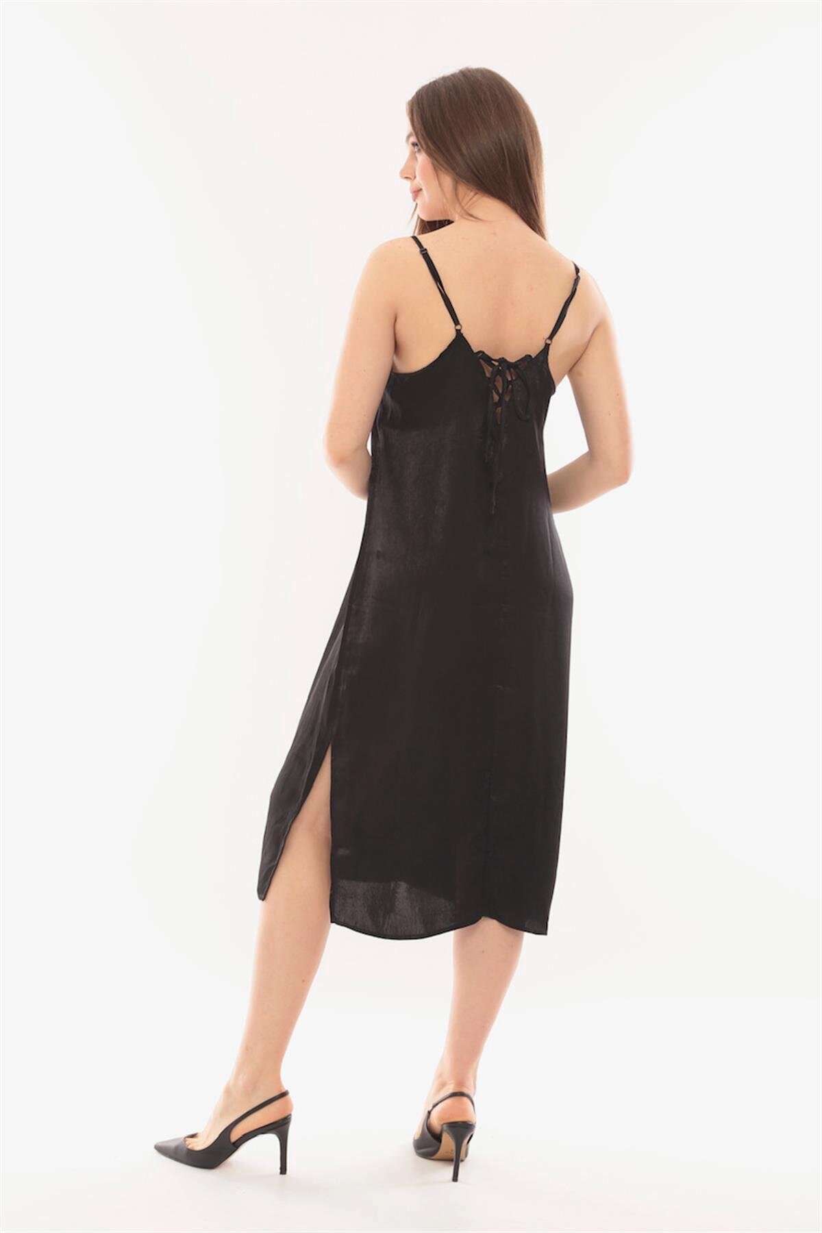 Kadın Askılı Yırtmaç Detay Sırt Bağlamalı Siyah Saten Spor Şık Curve Elbise