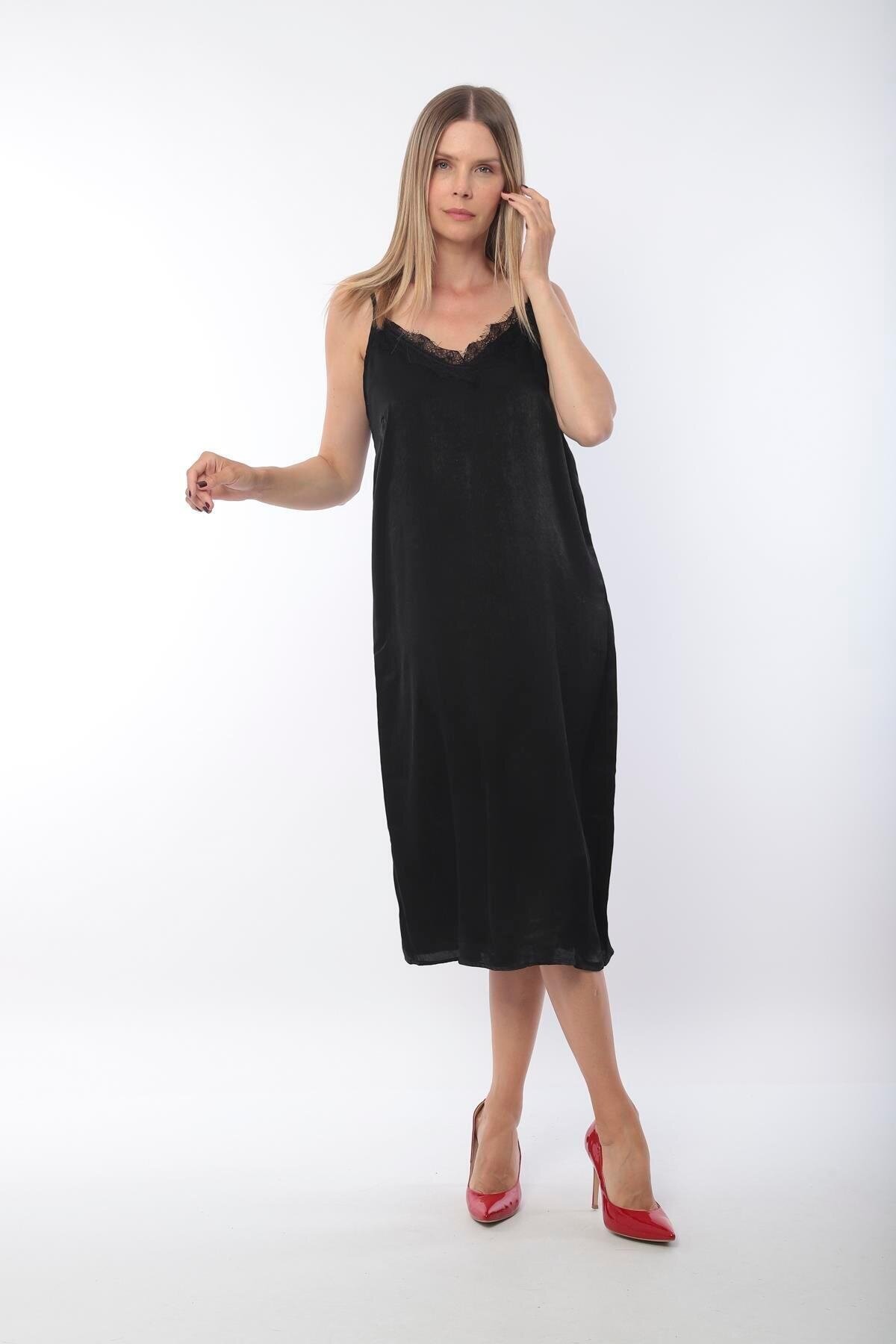 Kadın Askılı Yırtmaç Detay Siyah Saten Spor Şık Curve Elbise