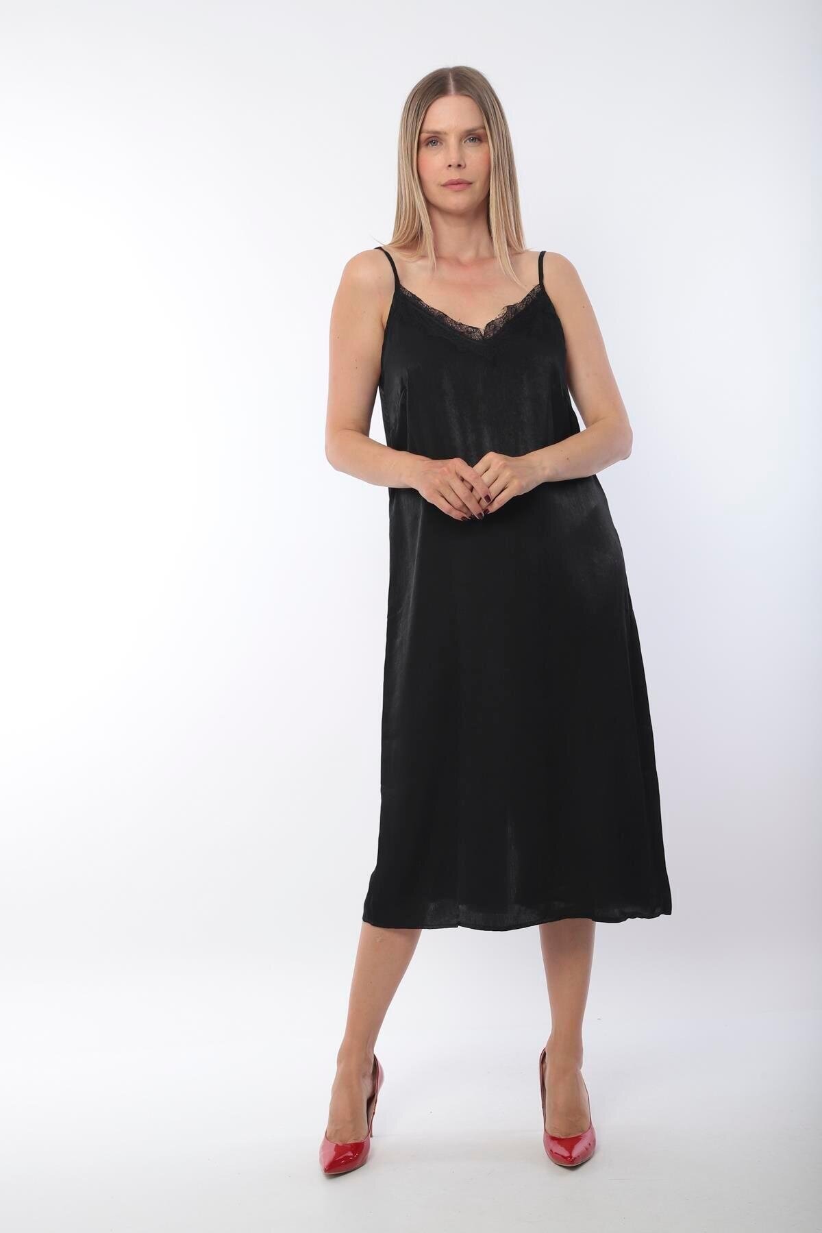 Kadın Askılı Yırtmaç Detay Siyah Saten Spor Şık Curve Elbise