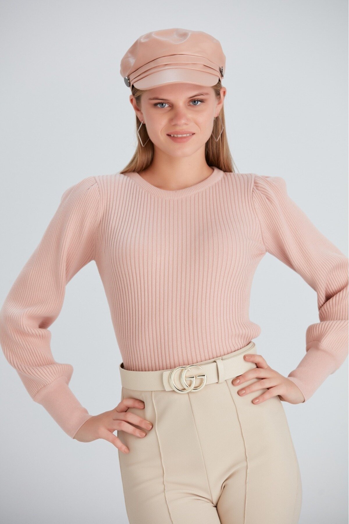 Kadın Balon Uzun Kol Pudra Rengi Spor Şık Triko Bluz