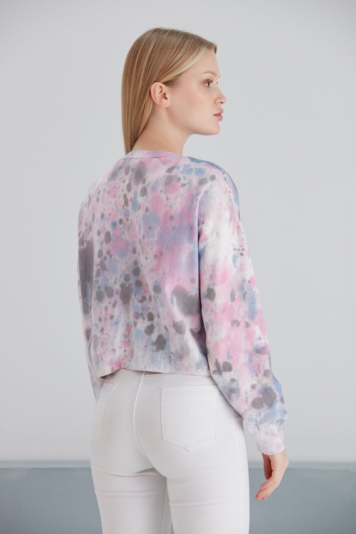 Kadın Batik Desen Crop Boy Mor Pembe Bej Triko Kazak