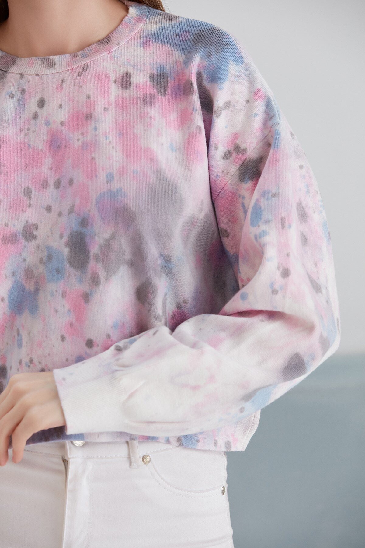 Kadın Batik Desen Crop Boy Mor Pembe Bej Triko Kazak