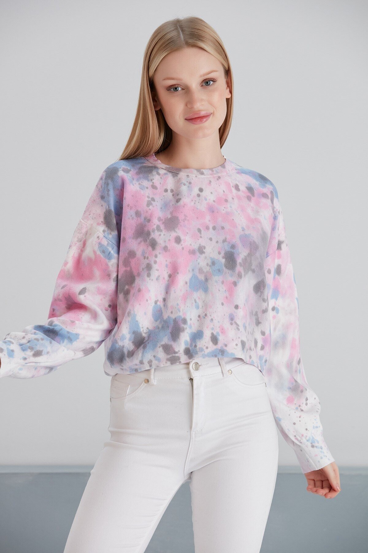 Kadın Batik Desen Crop Boy Mor Pembe Bej Triko Kazak