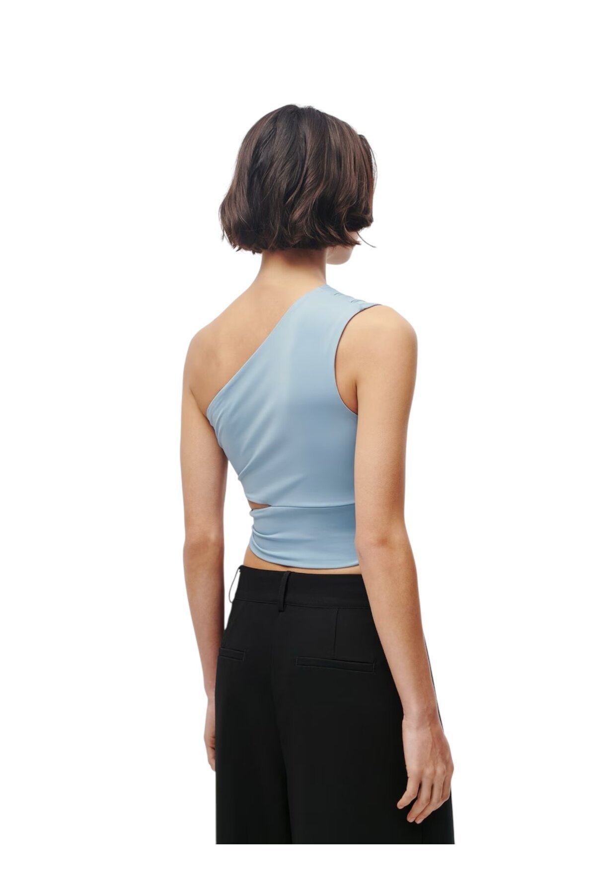 Kadın Belden Bağlama Detay Tek Kol Omzu Açık Spor Şık Rahat Kalıp Croptop Bluz