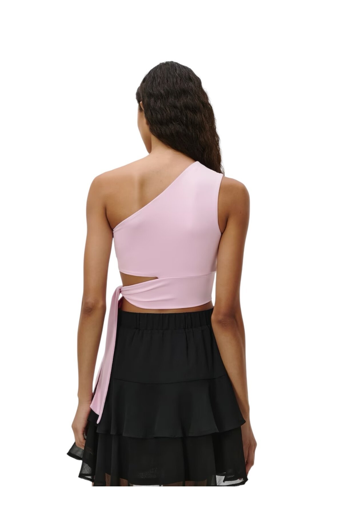 Kadın Belden Bağlama Detay Tek Kol Omzu Açık Spor Şık Rahat Kalıp Croptop Bluz