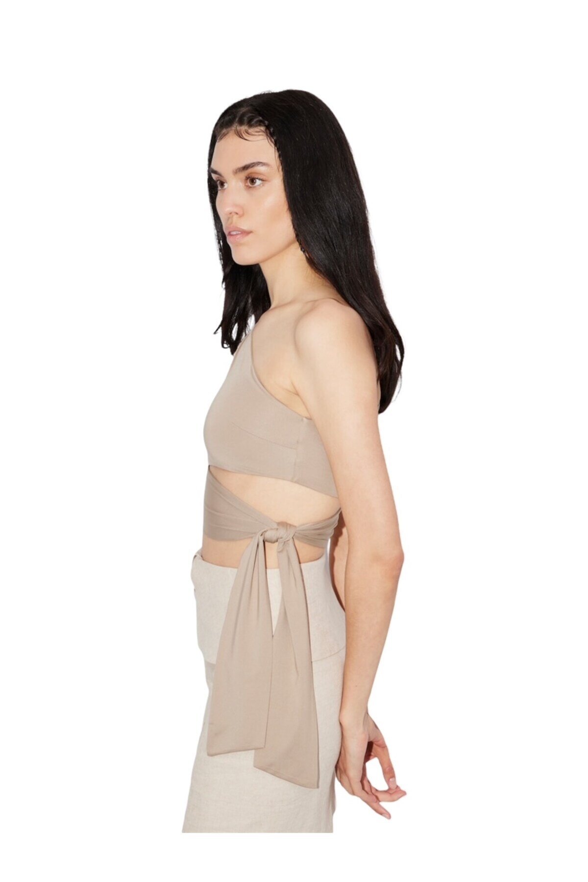 Kadın Belden Bağlama Detay Tek Kol Omzu Açık Spor Şık Rahat Kalıp Croptop Bluz