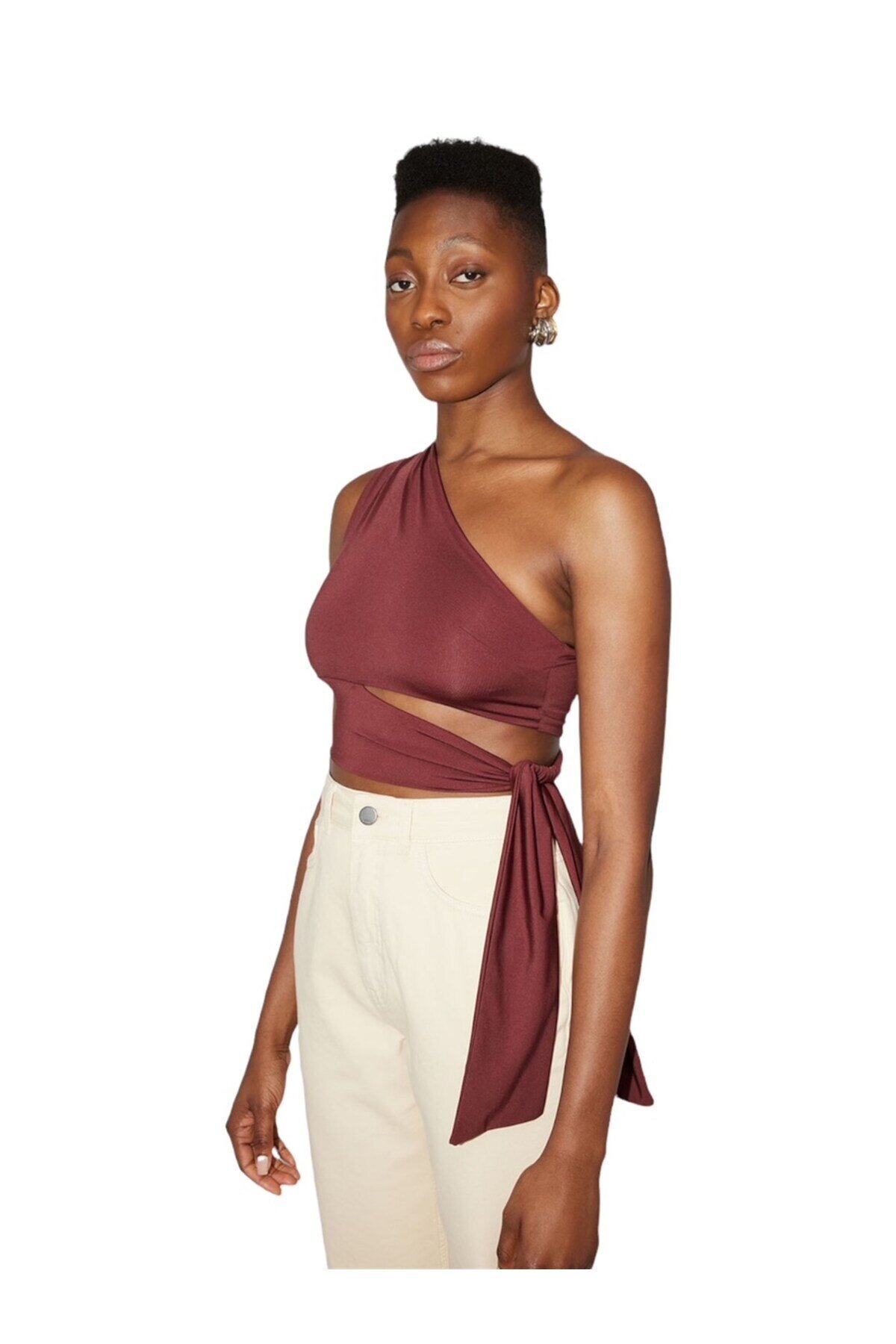 Kadın Belden Bağlama Detay Tek Kol Omzu Açık Spor Şık Rahat Kalıp Croptop Bluz