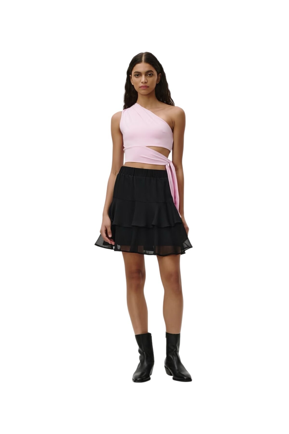 Kadın Belden Bağlama Detay Tek Kol Omzu Açık Spor Şık Rahat Kalıp Croptop Bluz