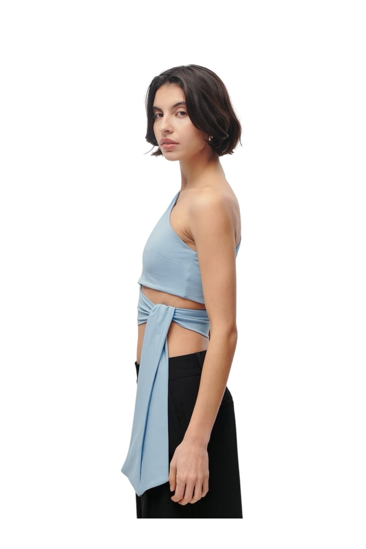 Kadın Belden Bağlama Detay Tek Kol Omzu Açık Spor Şık Rahat Kalıp Croptop Bluz