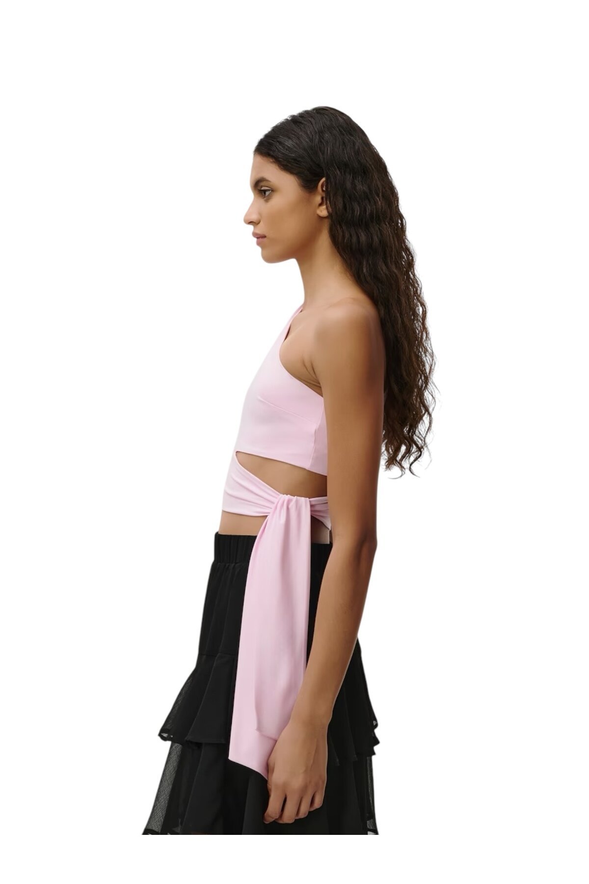 Kadın Belden Bağlama Detay Tek Kol Omzu Açık Spor Şık Rahat Kalıp Croptop Bluz