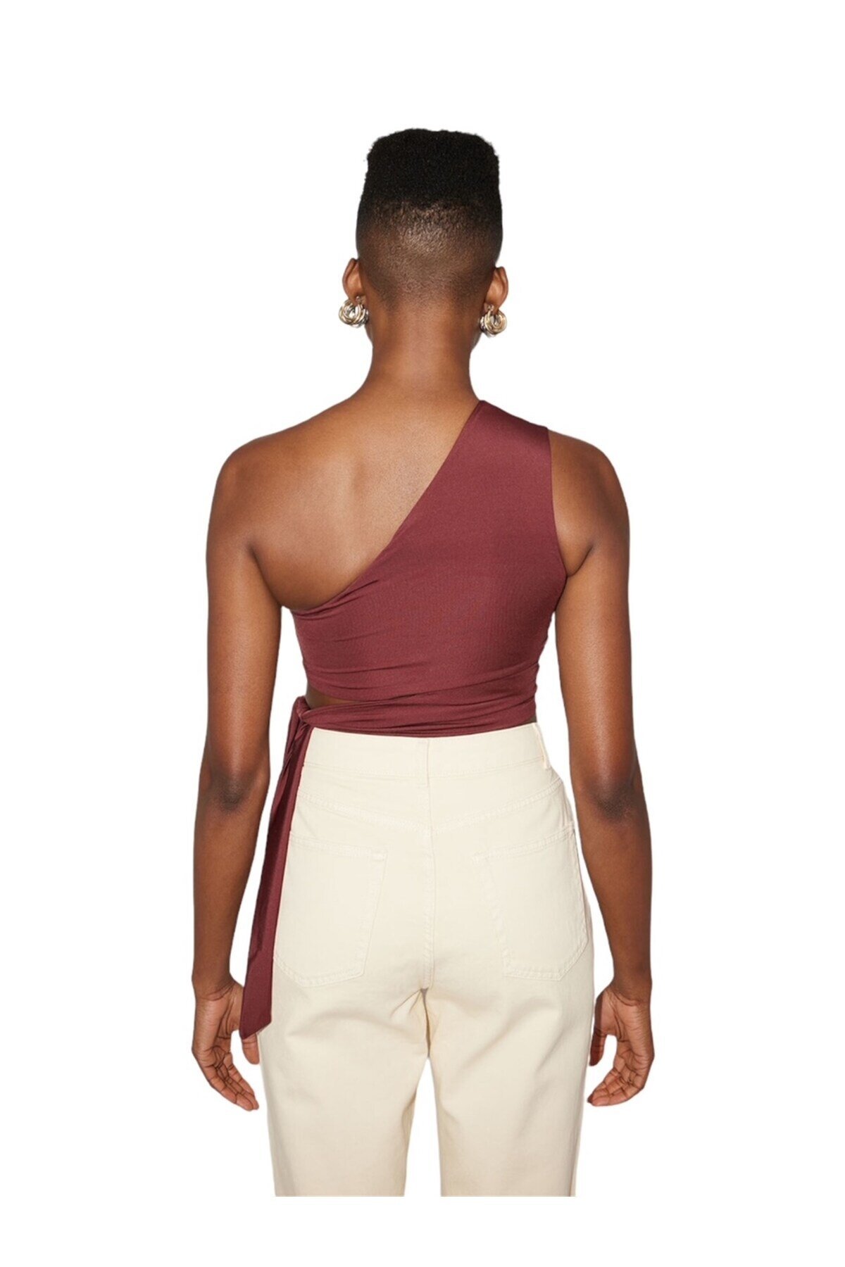 Kadın Belden Bağlama Detay Tek Kol Omzu Açık Spor Şık Rahat Kalıp Croptop Bluz