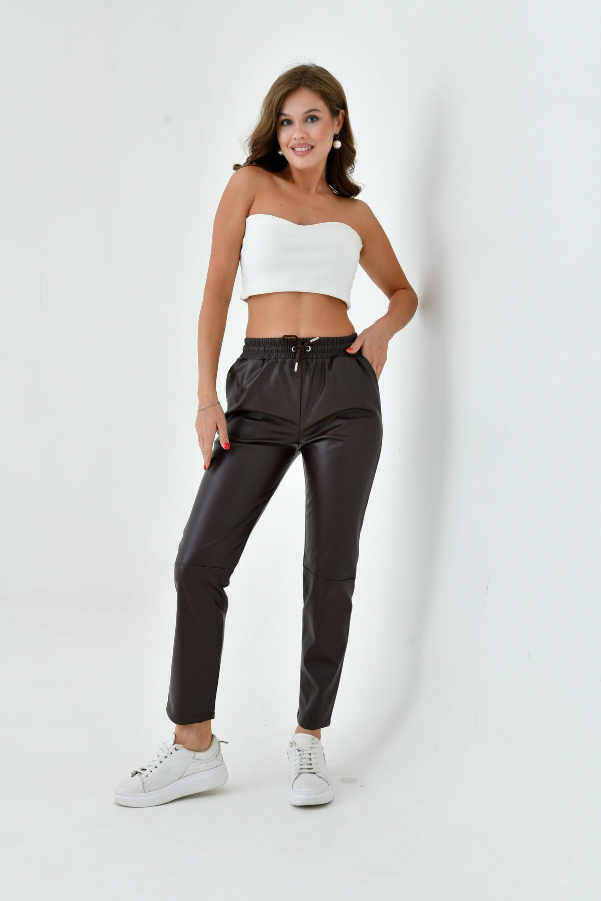Kadın Beli Lastikli Parça Derili Spor Şık Tasarım Deri Pantolon
