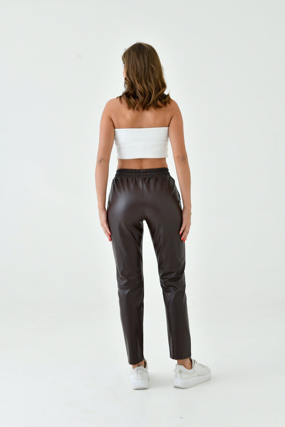 Kadın Beli Lastikli Parça Derili Spor Şık Tasarım Deri Pantolon