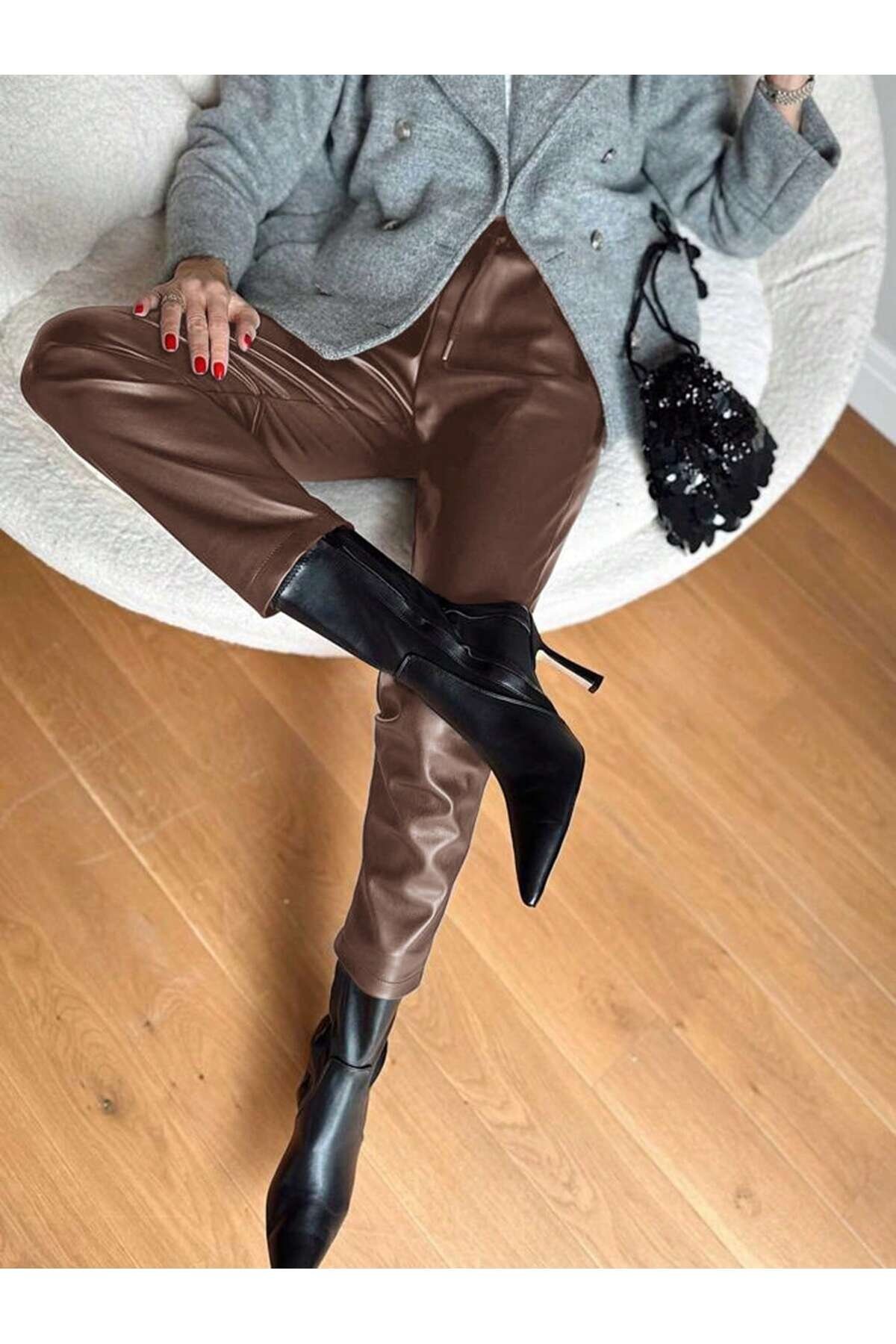 Kadın Beli Lastikli Parça Derili Spor Şık Tasarım Deri Pantolon
