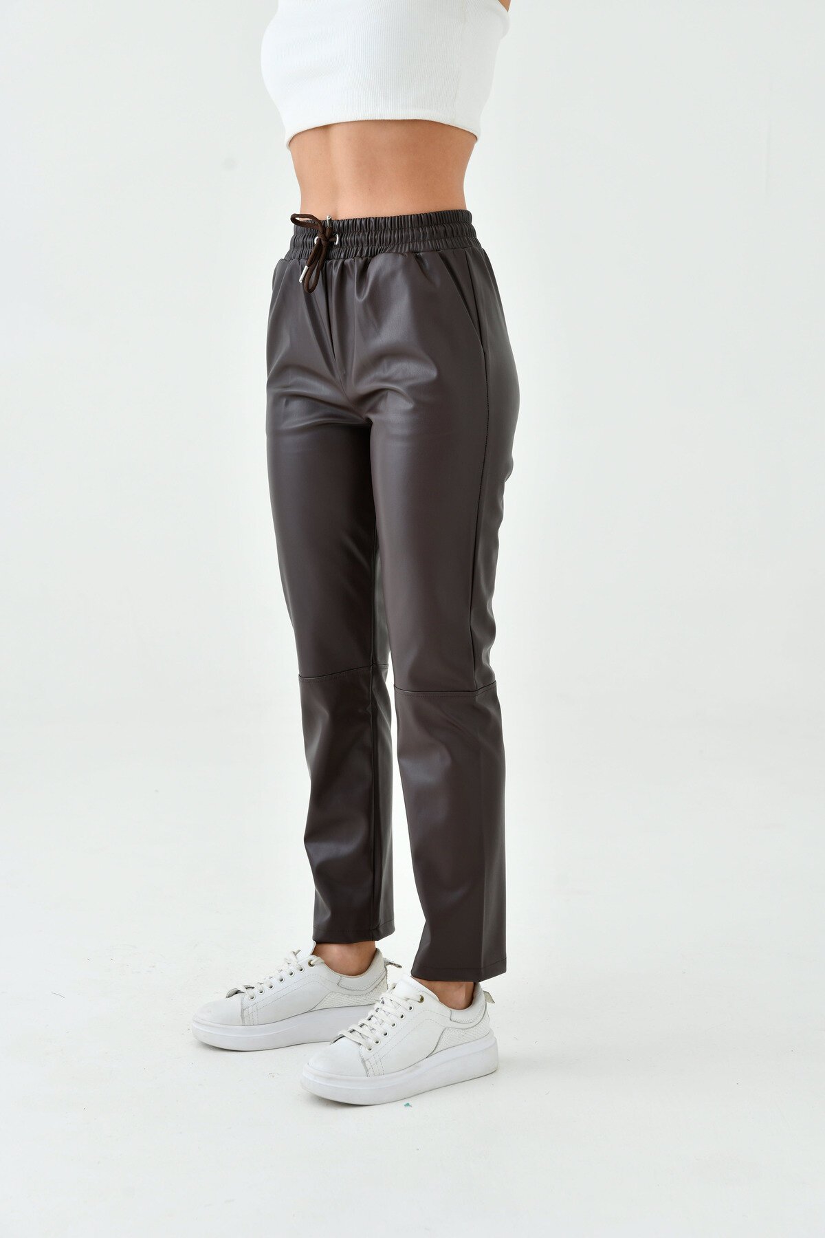 Kadın Beli Lastikli Parça Derili Spor Şık Tasarım Deri Pantolon