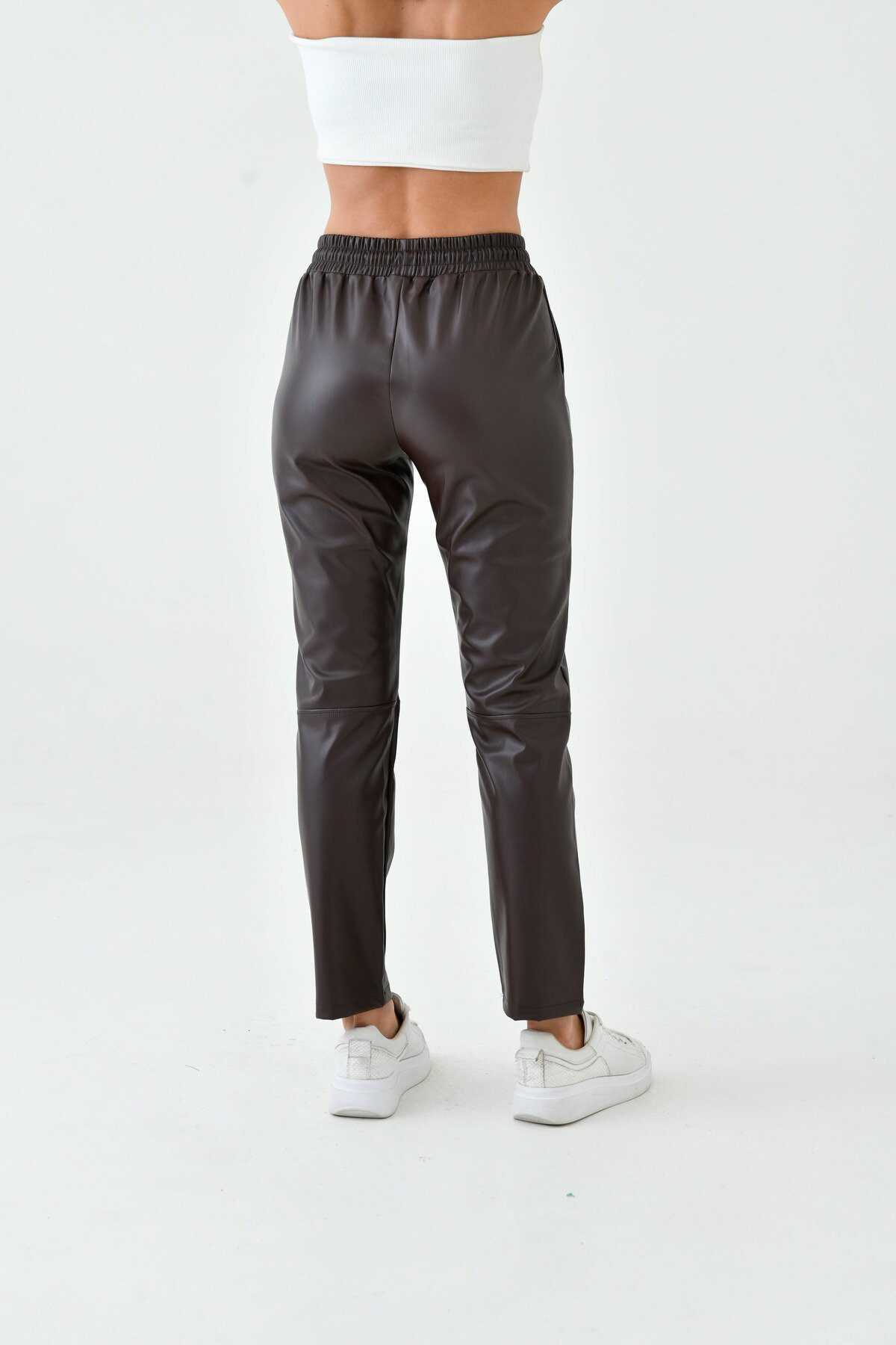 Kadın Beli Lastikli Parça Derili Spor Şık Tasarım Deri Pantolon