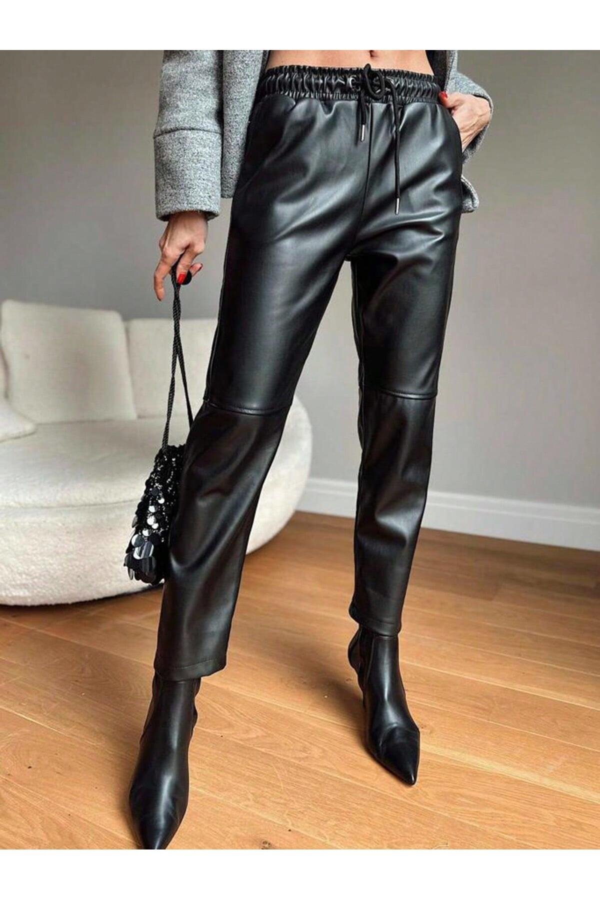 Kadın Beli Lastikli Parça Derili Spor Şık Tasarım Siyah Deri Pantolon