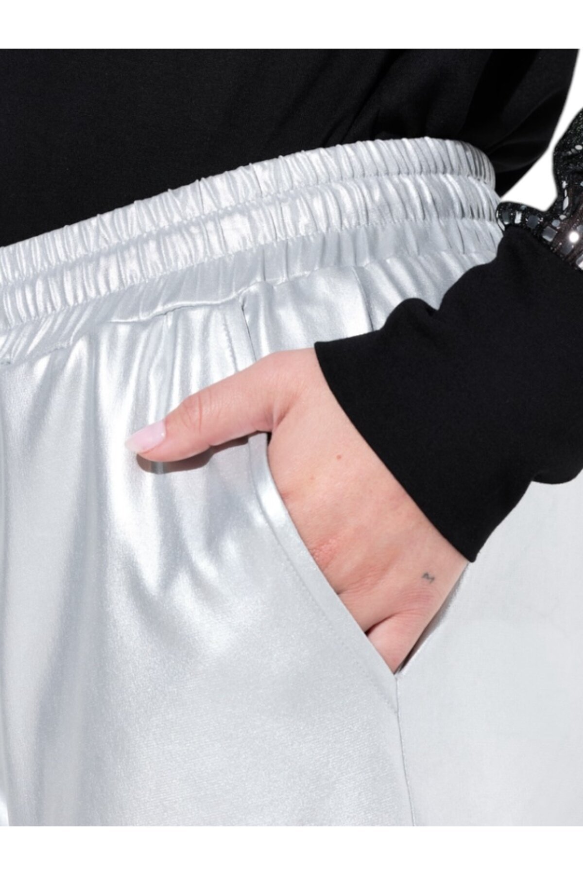 Kadın Beli Lastikli Parlak Büyük Beden Curve Yüksek Bel Spor Şık Pantolon