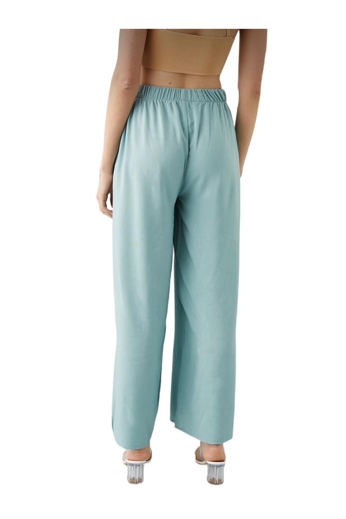 Kadın Beli Lastikli Rahat Salaş Su Yeşili Pantolon
