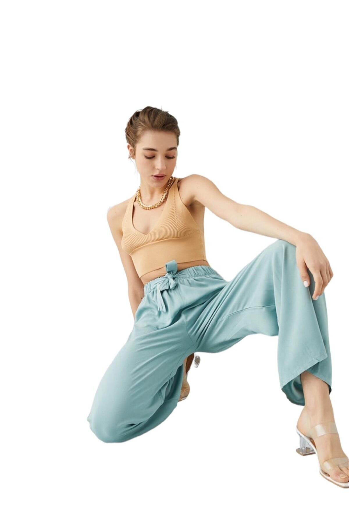 Kadın Beli Lastikli Rahat Salaş Su Yeşili Pantolon