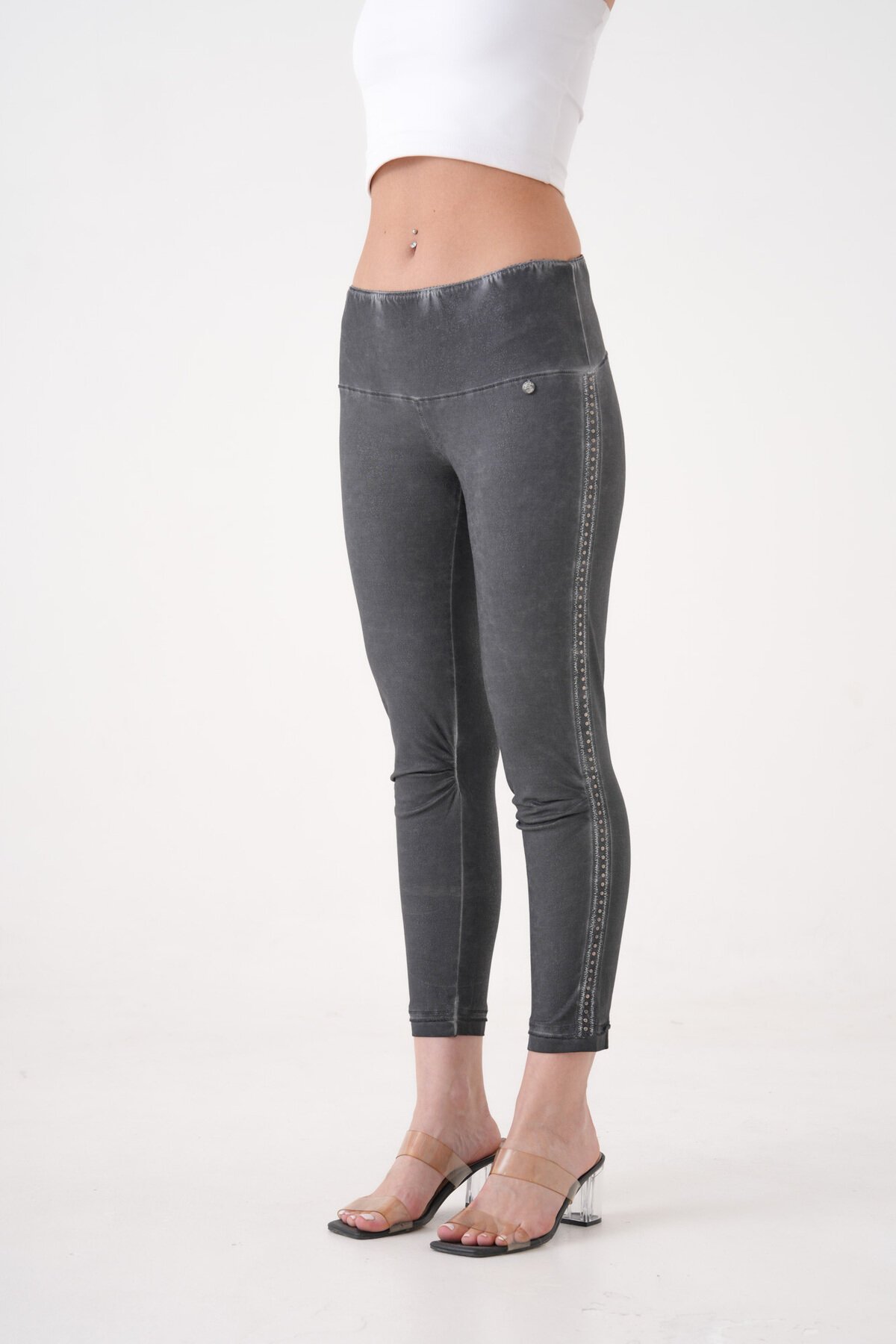 Kadın Beli Lastikli Yanı Taş Detaylı Düşük Bel Büyük Beden Curve Günlük Spor Şık Tayt