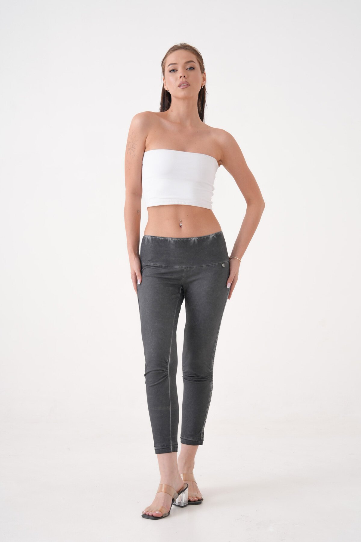 Kadın Beli Lastikli Yanı Taş Detaylı Düşük Bel Büyük Beden Curve Günlük Spor Şık Tayt