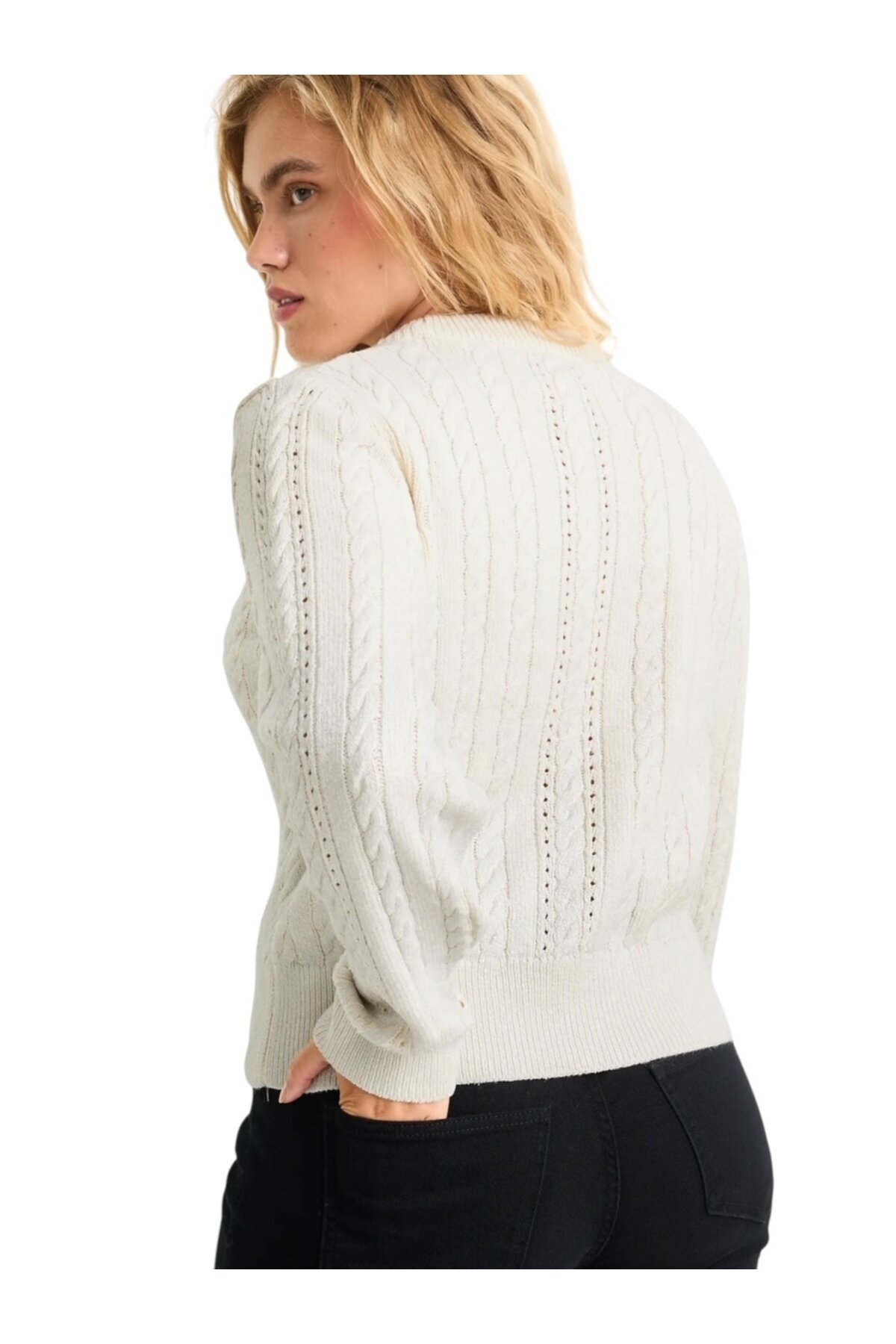 Kadın Bisiklet Yaka Dokulu Ekru Rengi Spor Şık Triko