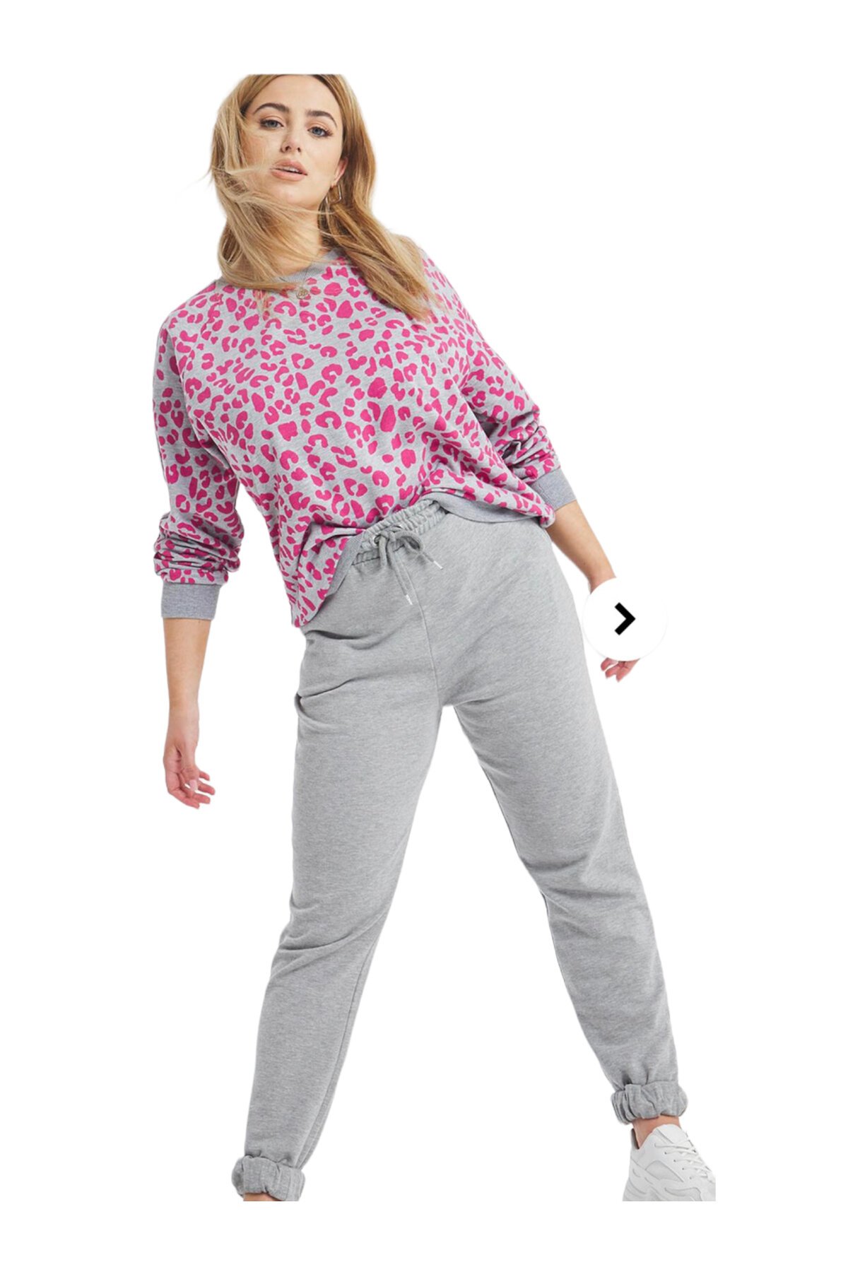 Kadın Bisiklet Yaka Fuşya Leopar Desenli Büyük Beden Curve Rahat Şık Spor Sweatshirt