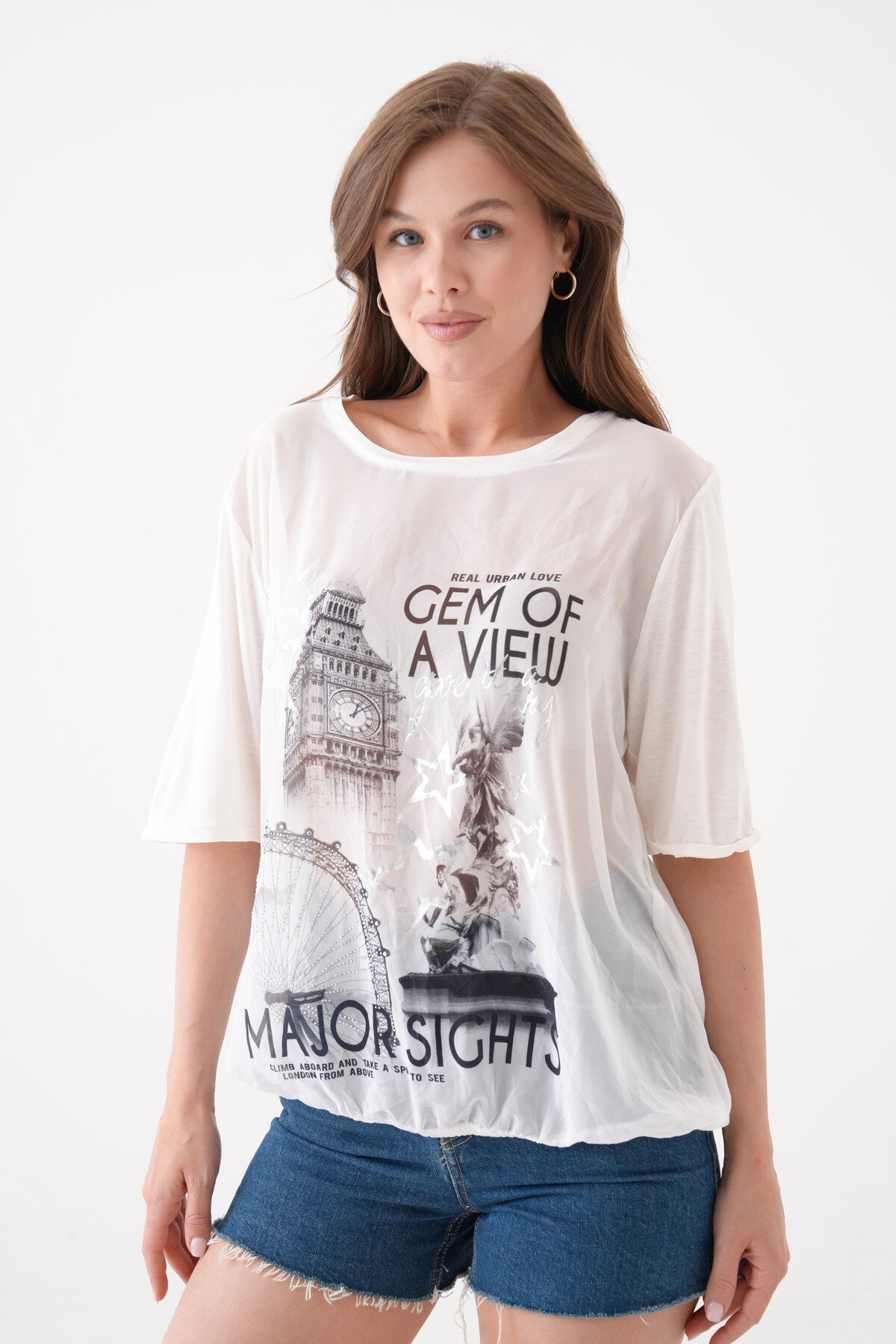 Kadın Bisiklet Yaka Kısa Kol Baskı Detaylı Spor Şık Curve Beli Lastikli Şifon Bluz