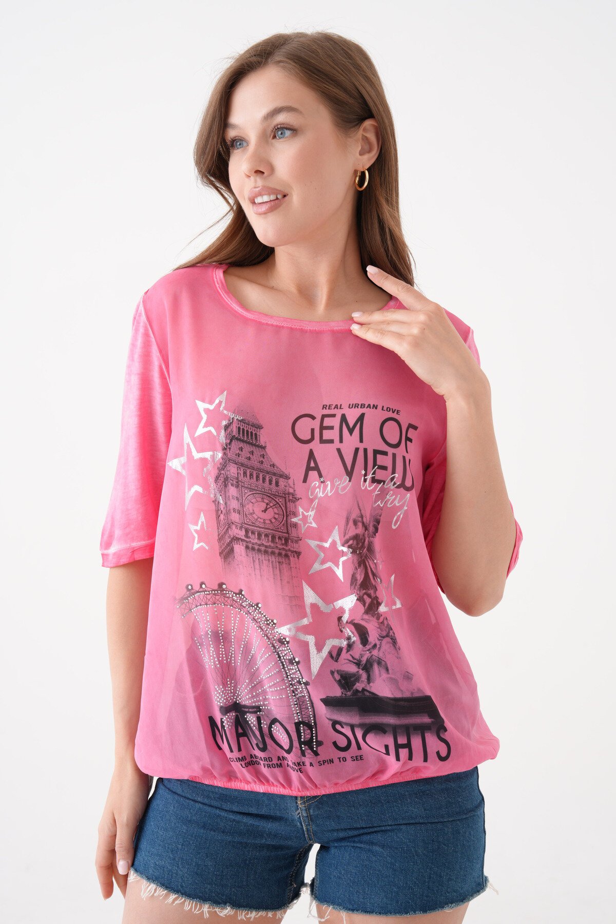 Kadın Bisiklet Yaka Kısa Kol Baskı Detaylı Spor Şık Curve Beli Lastikli Şifon Bluz