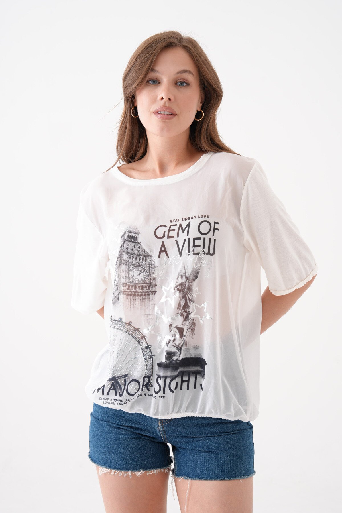 Kadın Bisiklet Yaka Kısa Kol Baskı Detaylı Spor Şık Curve Beli Lastikli Şifon Bluz