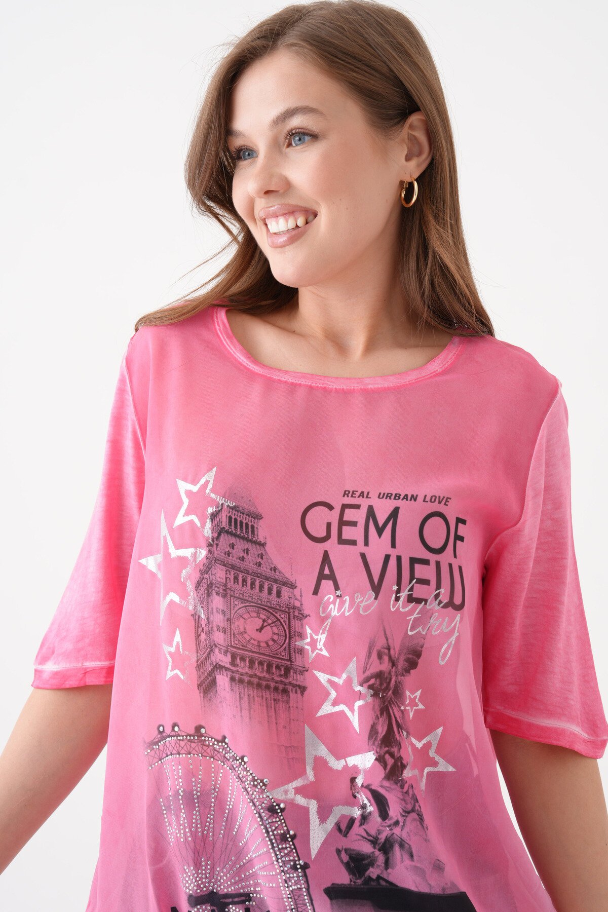 Kadın Bisiklet Yaka Kısa Kol Baskı Detaylı Spor Şık Curve Beli Lastikli Şifon Bluz