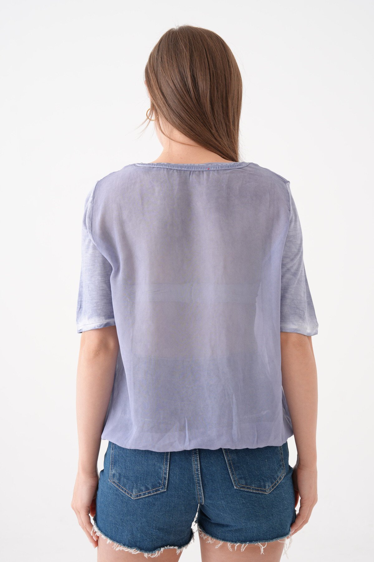 Kadın Bisiklet Yaka Kısa Kol Baskı Detaylı Spor Şık Curve Beli Lastikli Şifon Bluz