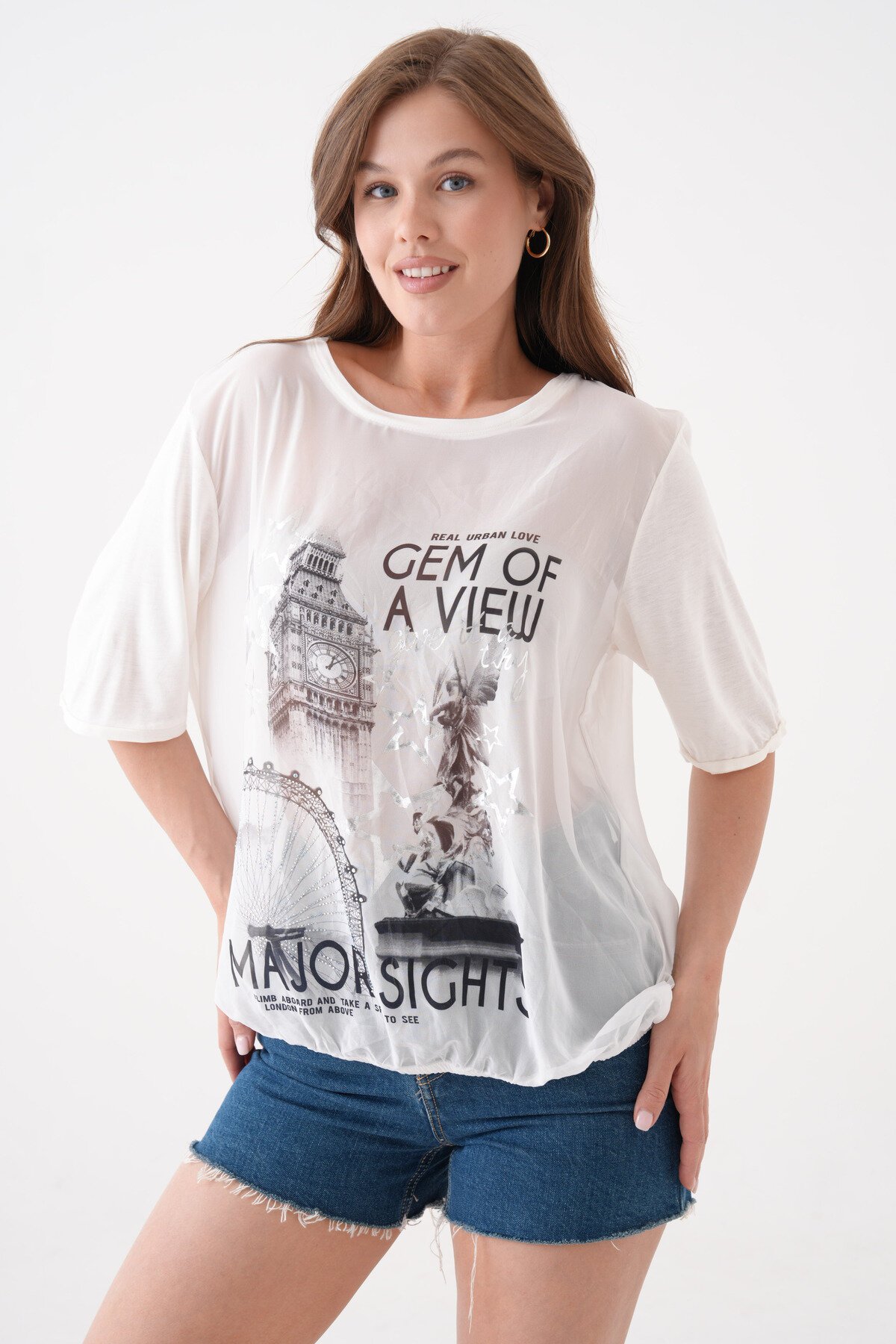 Kadın Bisiklet Yaka Kısa Kol Baskı Detaylı Spor Şık Curve Beli Lastikli Şifon Bluz