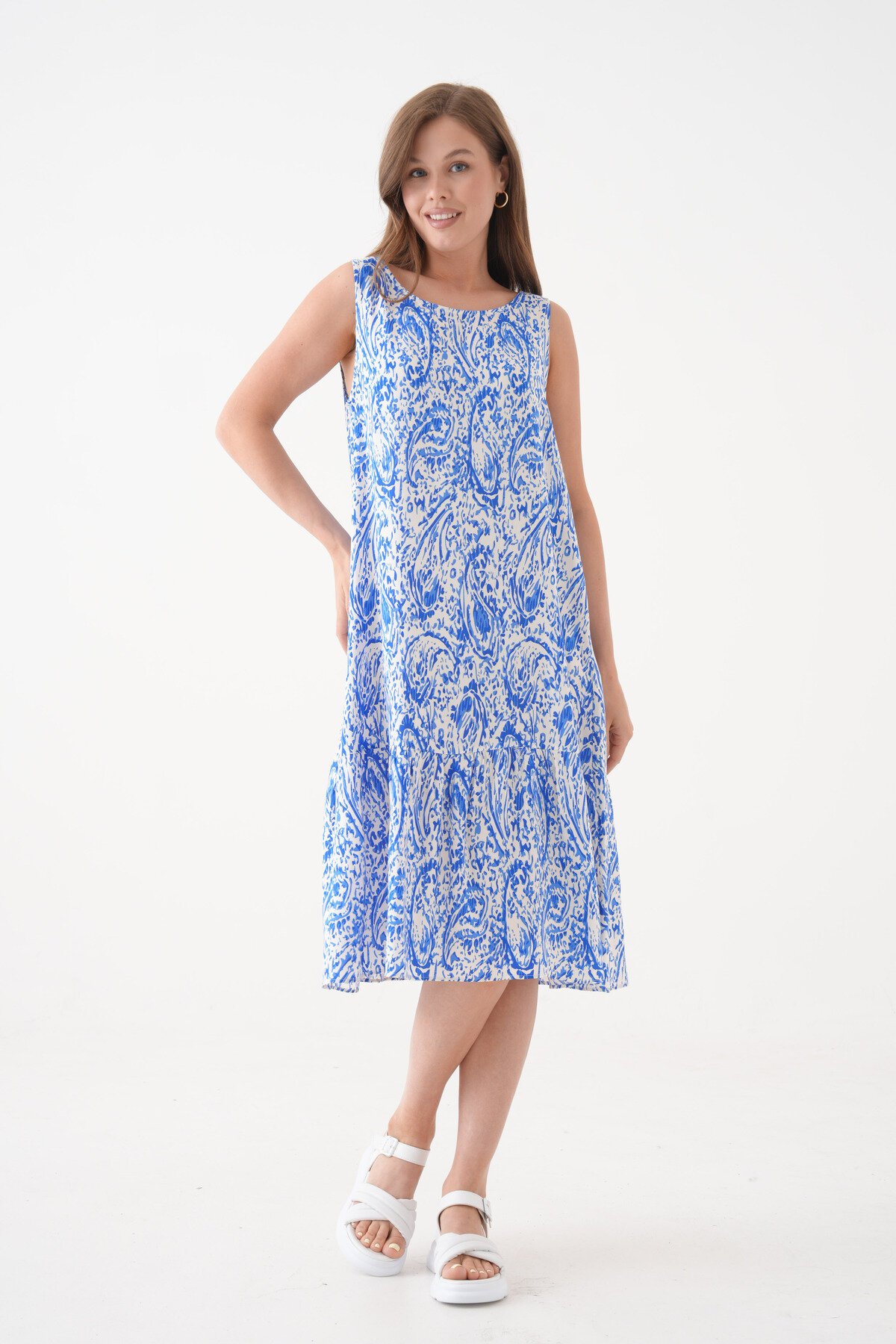 Kadın Bisiklet Yaka Kolsuz Eteği Volanlı Yazlık Desenli Büyük Beden Curve Dokuma Elbise