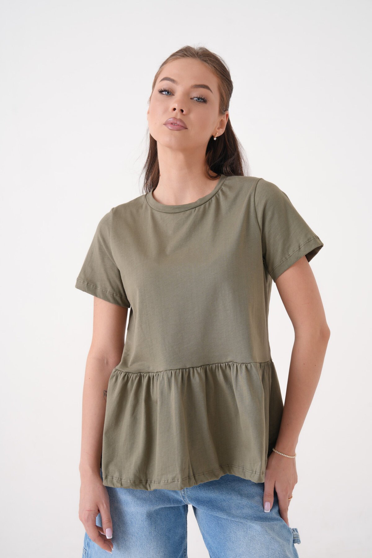 Kadın Bisiklet Yaka Yarım Kol Eteği Pileli Spor Şık Örme Rahat Kalıp Yazlık Bluz