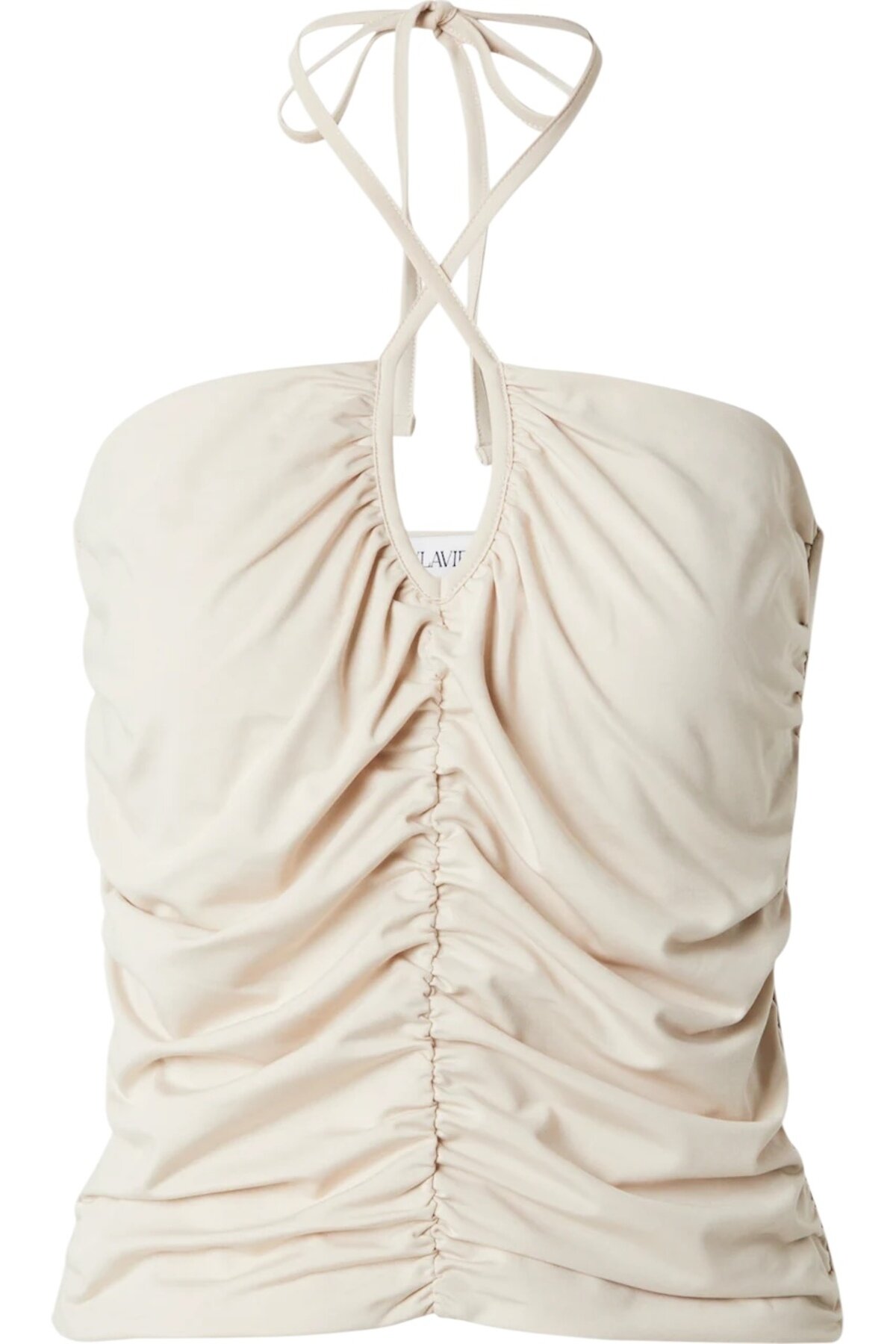 Kadın Boğazdan Bağlamalı Önden Büzgülü Ekru Renk Spor Şık Casual Croptop Büstiyer Bluz