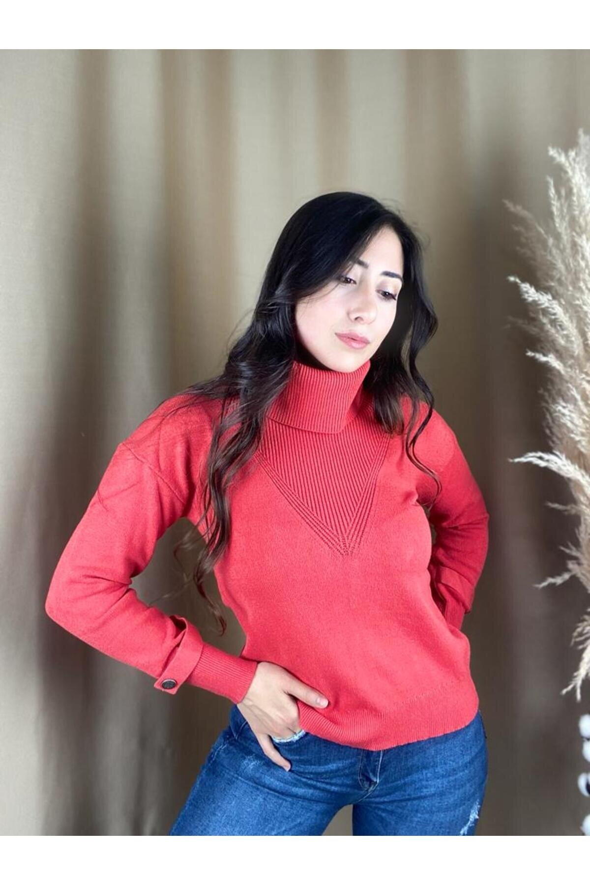 Kadın Boğazlı Uzun Kol Rahat Kalıp Triko Nar Çiçeği Kazak