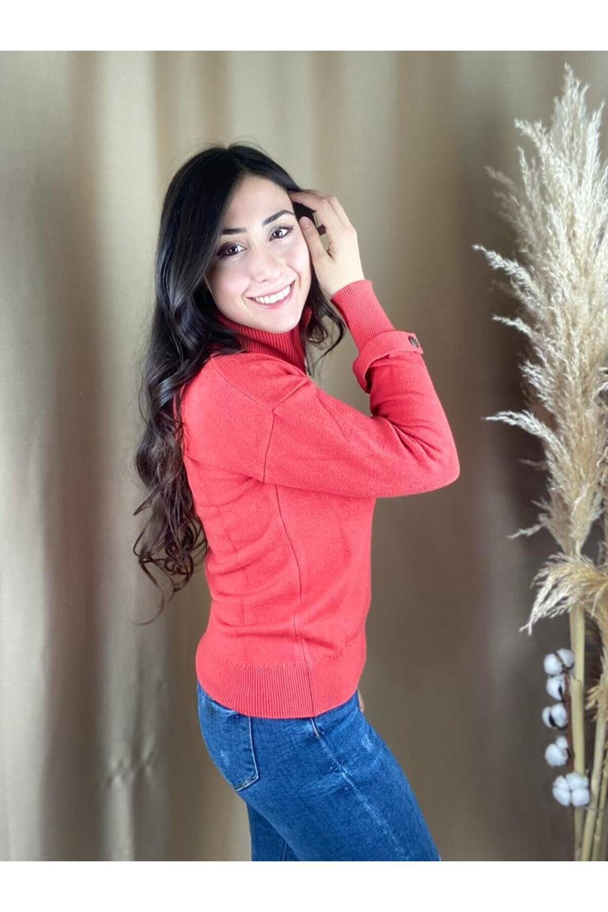 Kadın Boğazlı Uzun Kol Rahat Kalıp Triko Nar Çiçeği Kazak