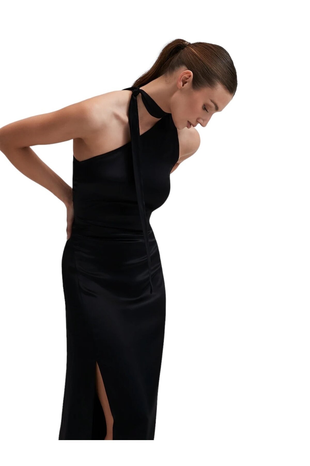 Kadın Boyundan Bağlamalı Vücudu Saran Maxi Sırtı Açık Saten Kolsuz Şık Yazlık Abiye Gece Elbise