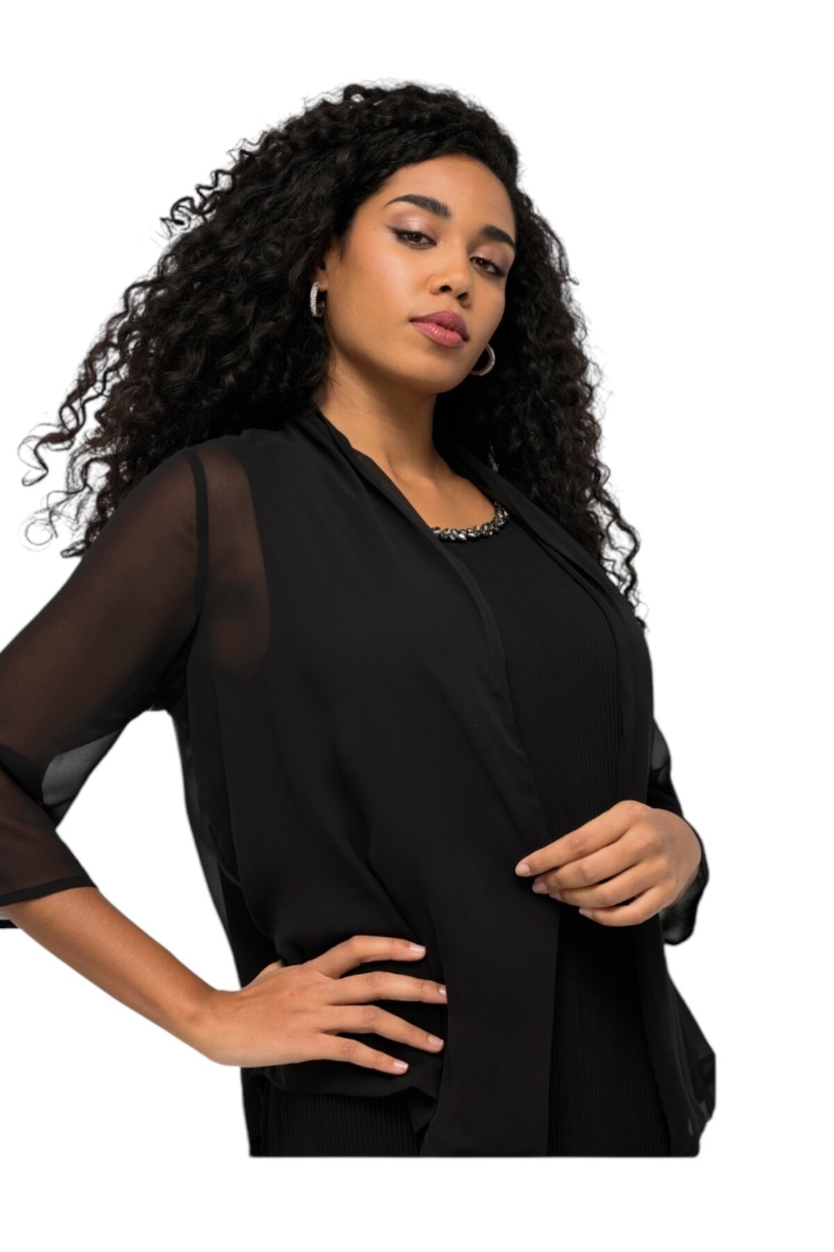 Kadın Büyük Beden Şifon Tül Dökümlü Şık Kombinleyici Curve Truvakar Kol Ceket