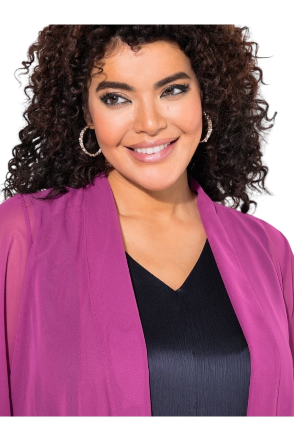 Kadın Büyük Beden Şifon Tül Dökümlü Şık Kombinleyici Curve Truvakar Kol Ceket